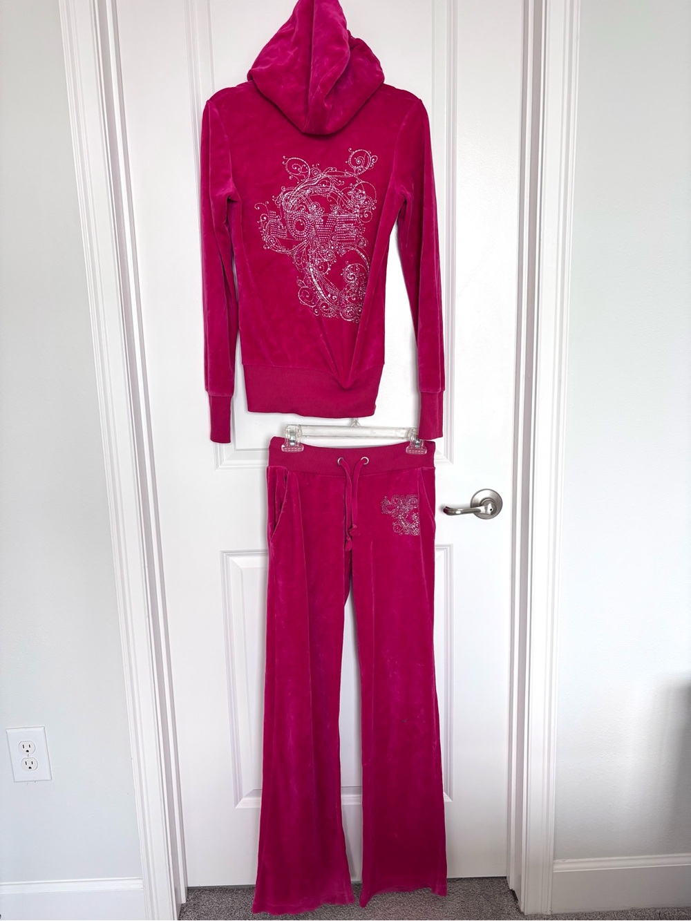 Vintage Y2K One Love Hot Pink Velour Rhinestone Hoodie Flare Pants Set Small